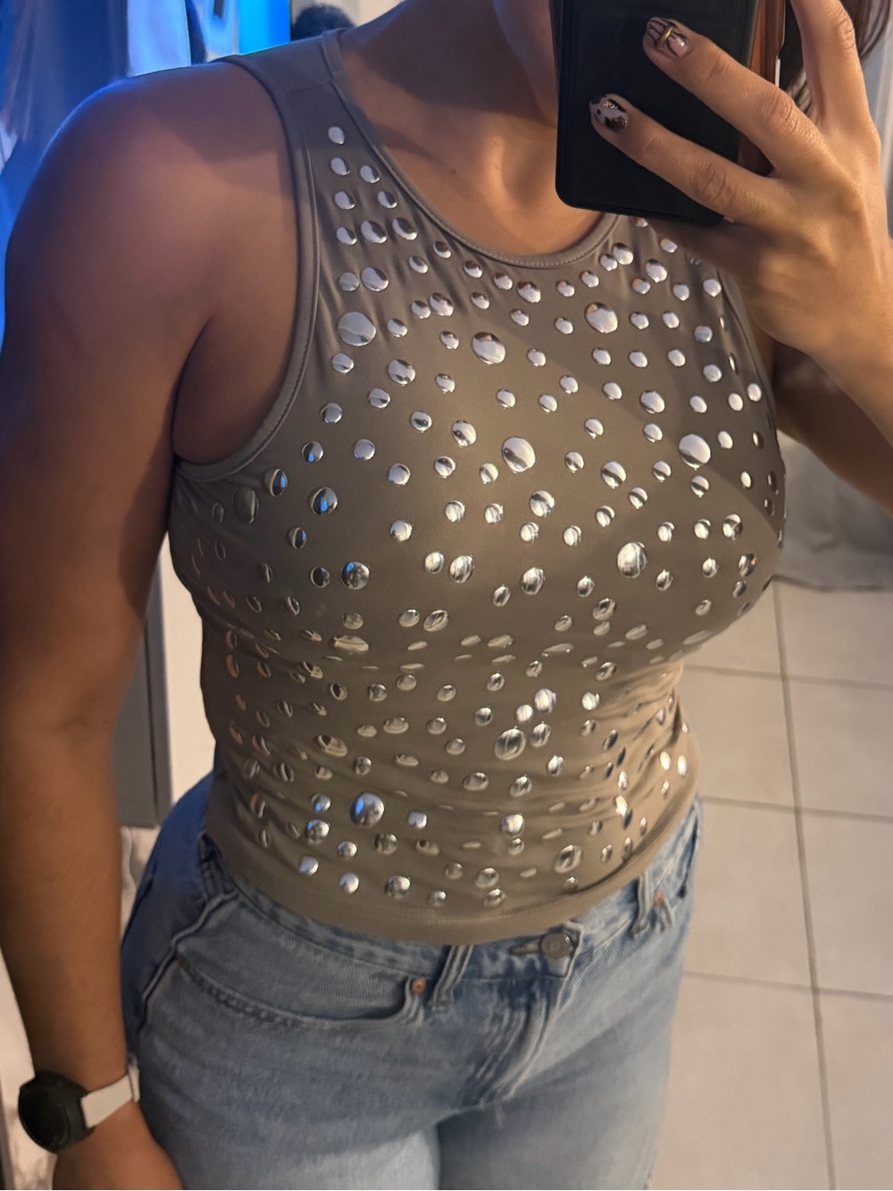 Taupe Rhinestone-Studded Fitted Tank Top